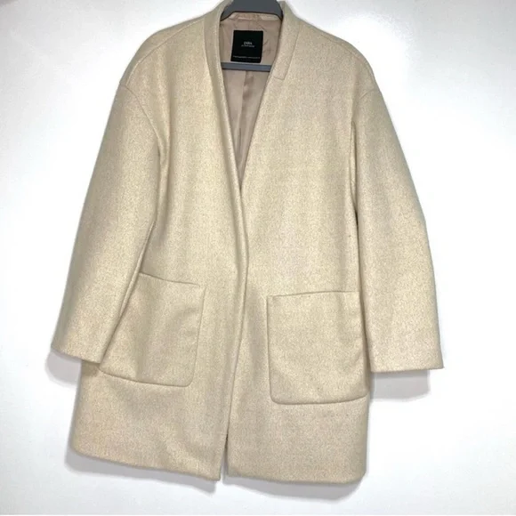 Zara Mid Length Cream Collarless Patch Pocket Coat - Picture 7 of 8